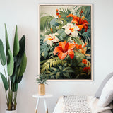 Tropical Palm Tree And Flowers Art V1 Summer Decor Framed Canvas Prints Wall Art Home Decor, Painting Canvas, Floating Frame