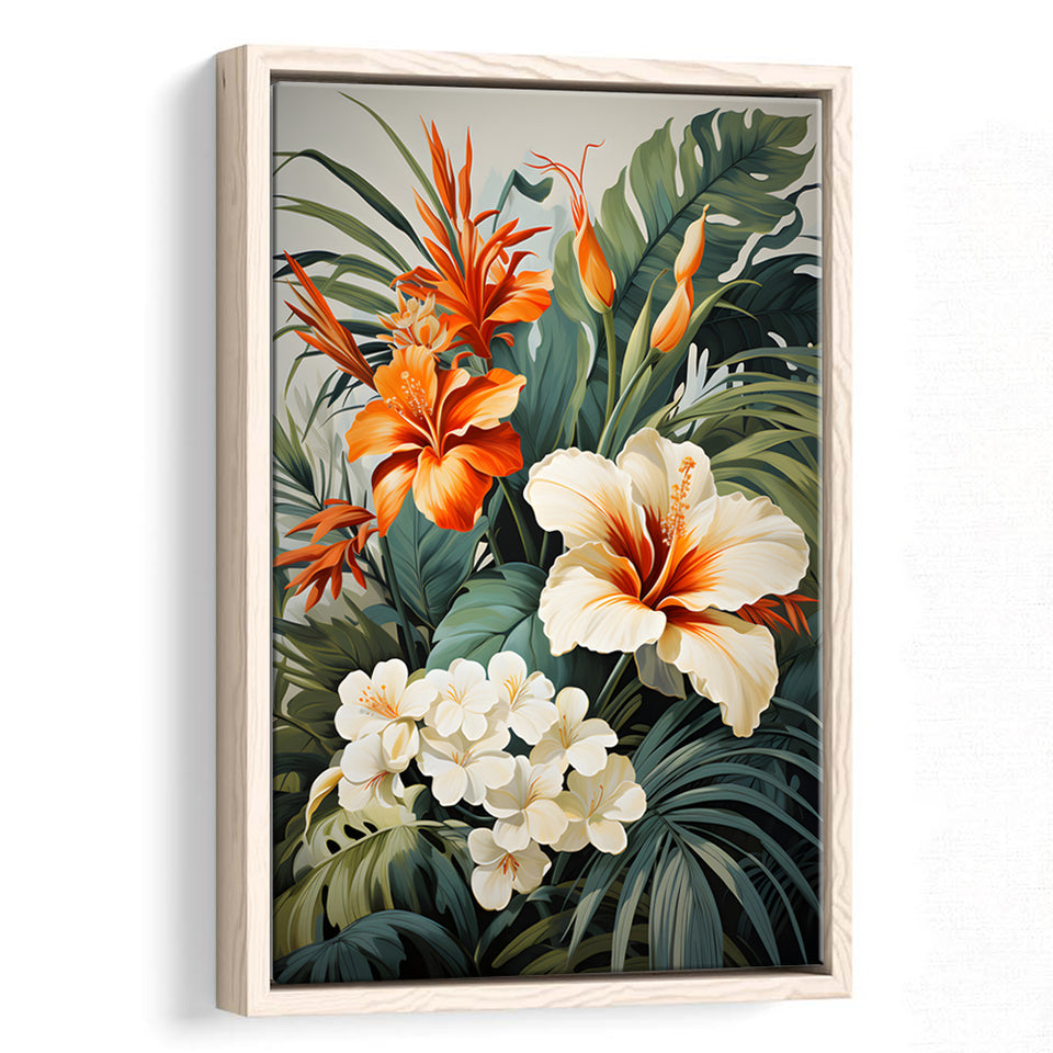 Tropical Palm Tree And Flowers Art Framed Canvas Prints Wall Art Home Decor, Painting Canvas, Floating Frame