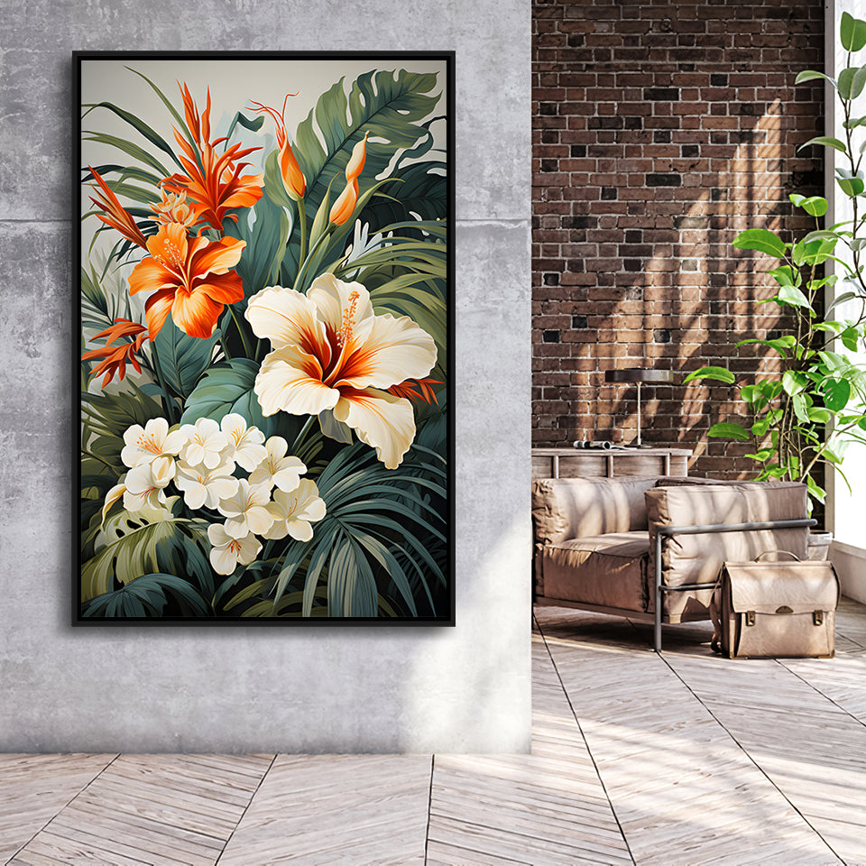 Tropical Palm Tree And Flowers Art Framed Canvas Prints Wall Art Home Decor, Painting Canvas, Floating Frame