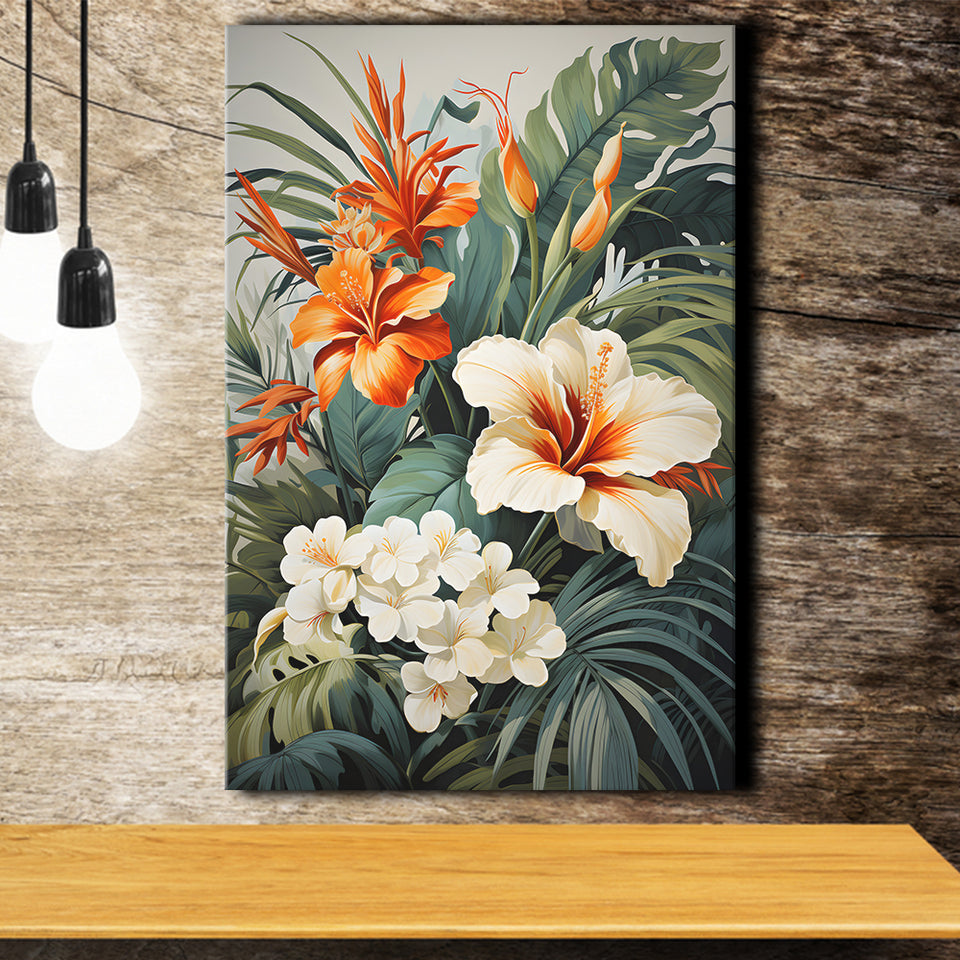 Tropical Palm Tree And Flowers Art Canvas Prints Wall Art Home Decor, Painting Canvas, Living Room Wall Decor