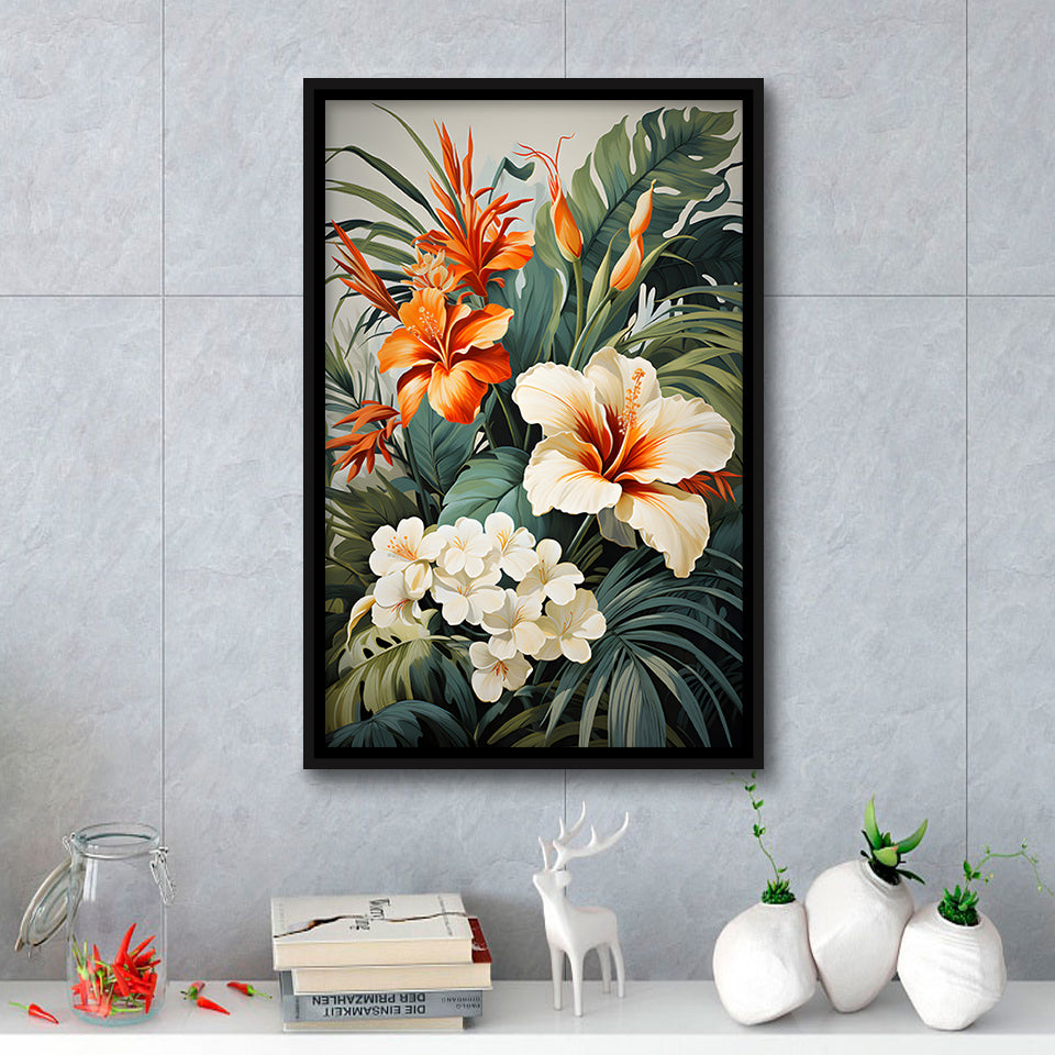 Tropical Palm Tree And Flowers Art Framed Canvas Prints Wall Art Home Decor, Painting Canvas, Floating Frame