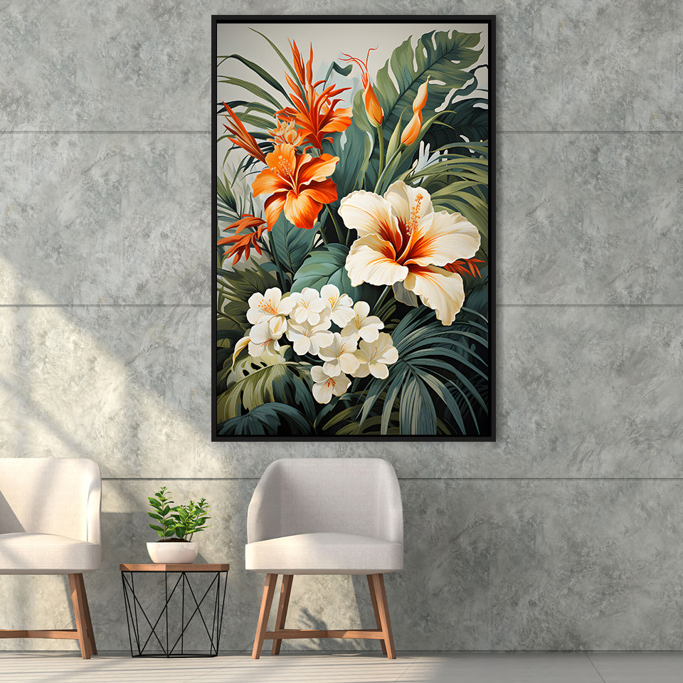 Tropical Palm Tree And Flowers Art Framed Canvas Prints Wall Art Home Decor, Painting Canvas, Floating Frame