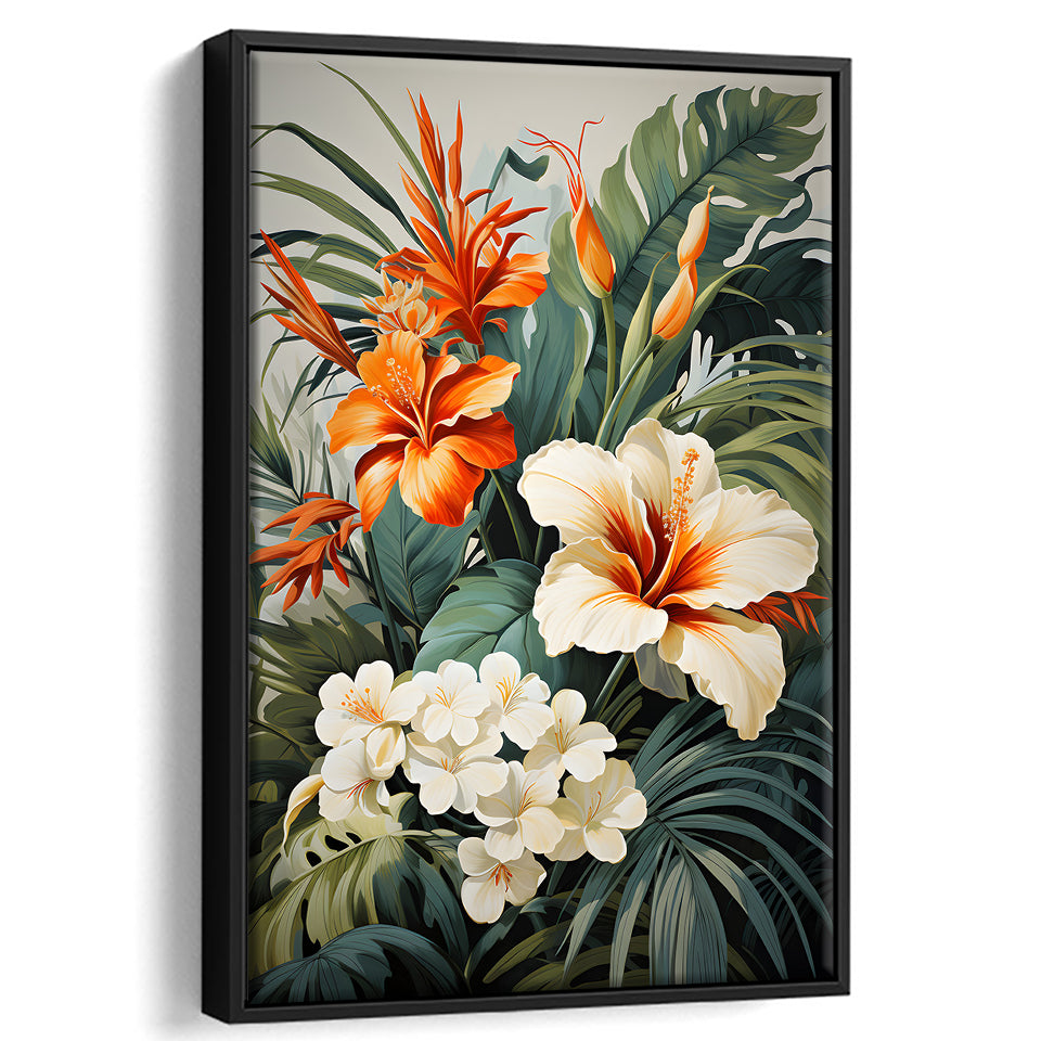 Tropical Palm Tree And Flowers Art Framed Canvas Prints Wall Art Home Decor, Painting Canvas, Floating Frame