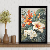 Tropical Palm Tree And Flowers Art Framed Canvas Prints Wall Art Home Decor, Painting Canvas, Floating Frame