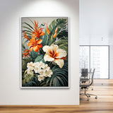 Tropical Palm Tree And Flowers Art Framed Canvas Prints Wall Art Home Decor, Painting Canvas, Floating Frame