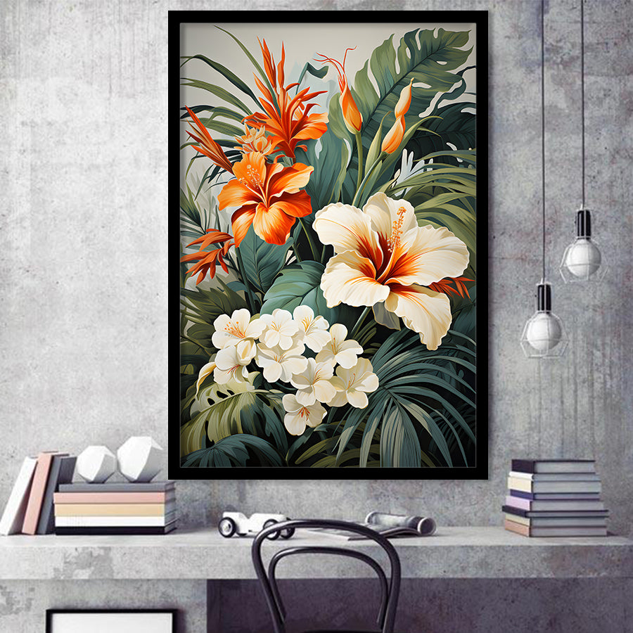 Tropical Palm Tree And Flowers Art Framed Art Prints Wall Decor, Painting Art, Framed Picture