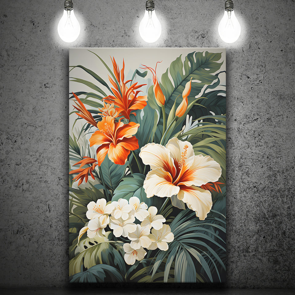 Tropical Palm Tree And Flowers Art Canvas Prints Wall Art Home Decor, Painting Canvas, Living Room Wall Decor