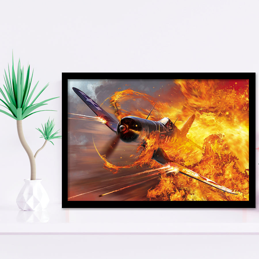 War Airplane Fire Framed Art Prints Wall Decor - Painting Art, Framed Picture, Ready to Hang