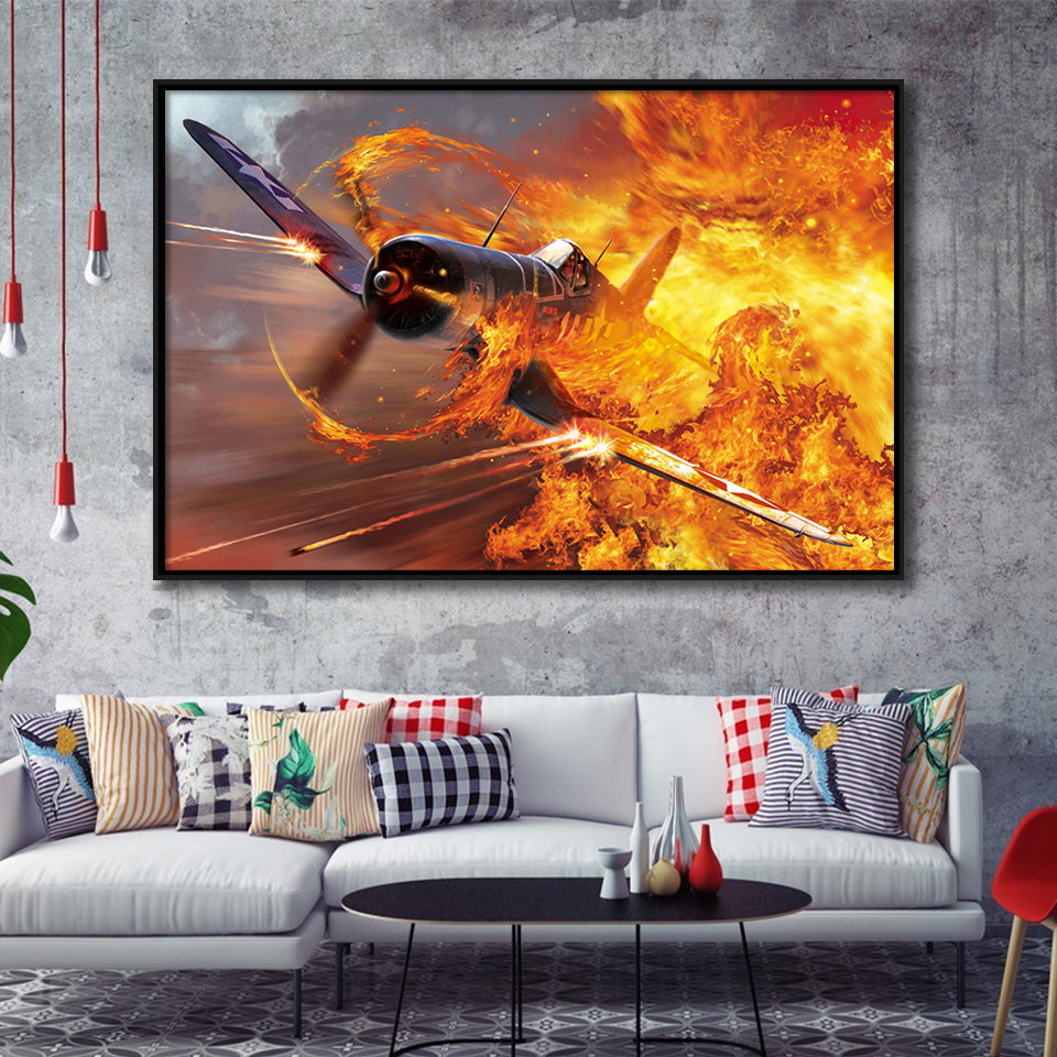 War Airplane Fire Framed Canvas Prints Wall Art Decor - Painting Canvas, Black Framed Picture