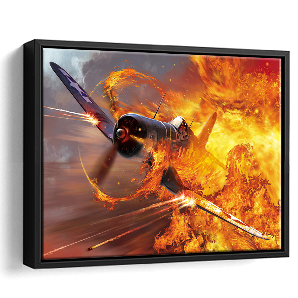 War Airplane Fire Framed Canvas Prints Wall Art Decor - Painting Canvas, Black Framed Picture