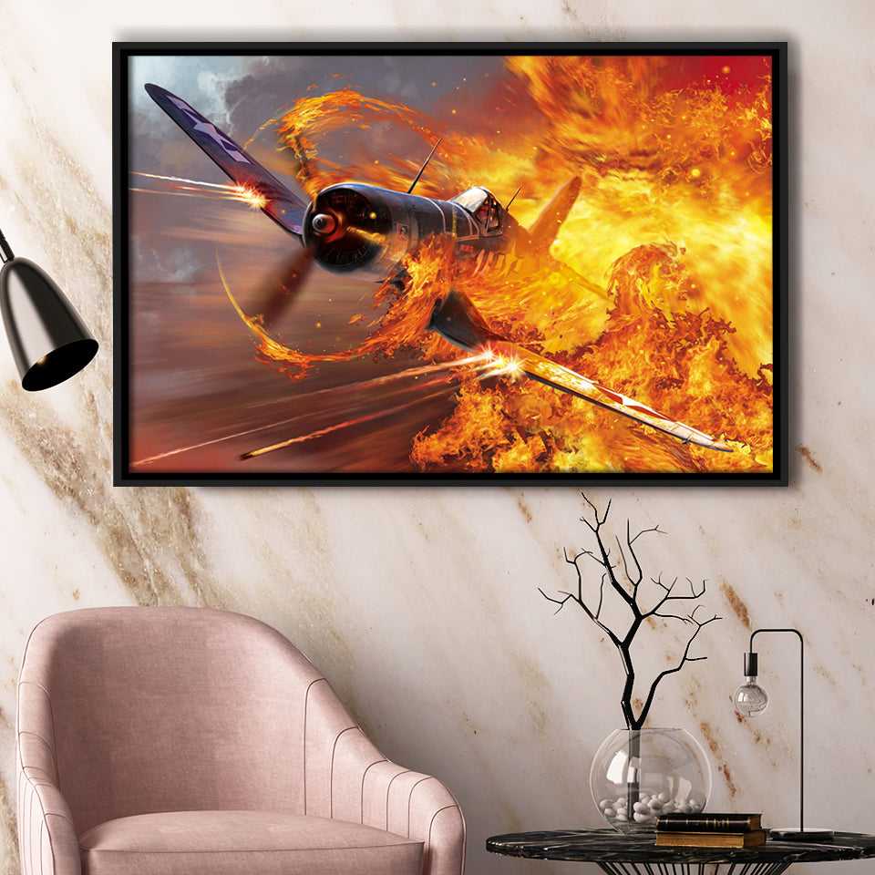 War Airplane Fire Framed Canvas Prints Wall Art Decor - Painting Canvas, Black Framed Picture