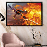 War Airplane Fire Framed Canvas Prints Wall Art Decor - Painting Canvas, Black Framed Picture