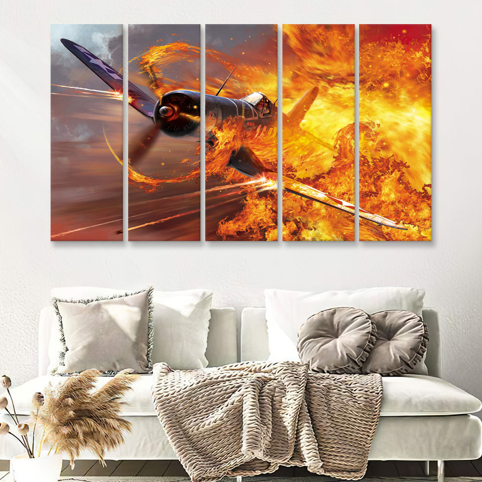 War Airplane Fire 5 Piece B Canvas Prints Wall Art Decor - Painting Canvas, Multi Panels