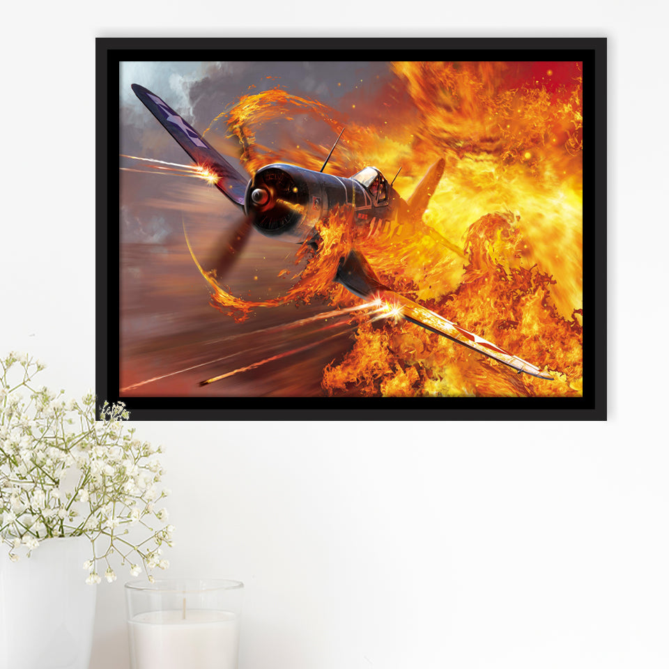 War Airplane Fire Framed Canvas Prints Wall Art Decor - Painting Canvas, Black Framed Picture