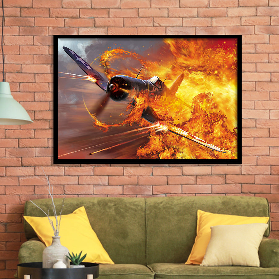 War Airplane Fire Framed Art Prints Wall Decor - Painting Art, Framed Picture, Ready to Hang