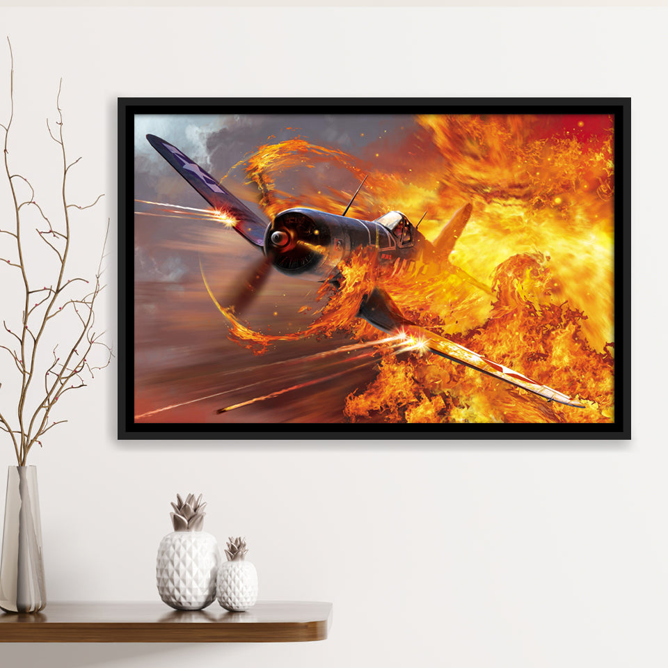 War Airplane Fire Framed Canvas Prints Wall Art Decor - Painting Canvas, Black Framed Picture