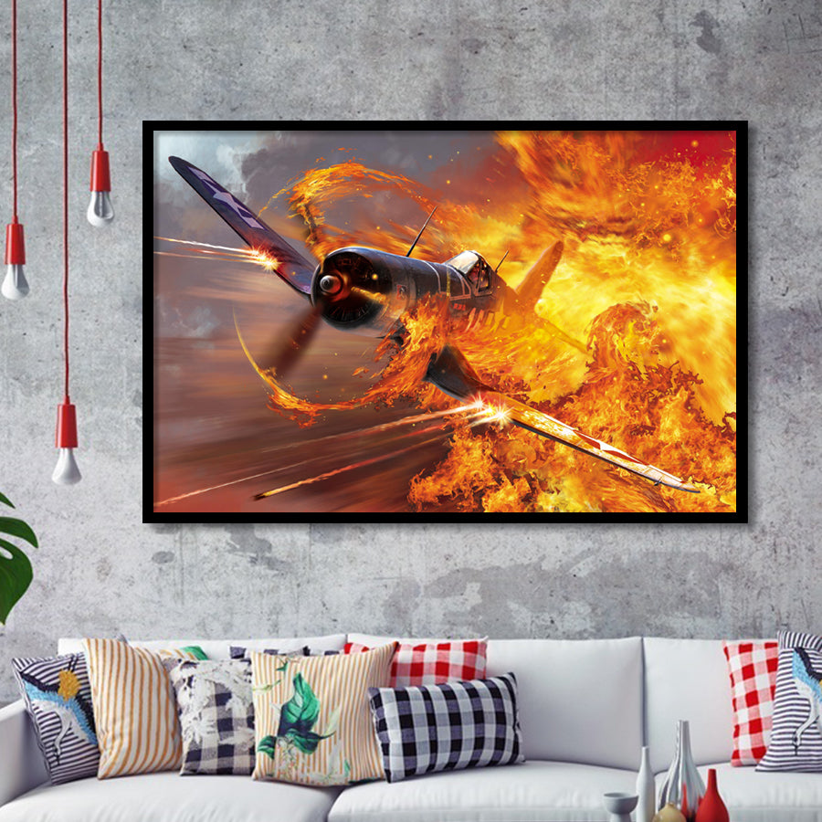 War Airplane Fire Framed Art Prints Wall Decor - Painting Art, Framed Picture, Ready to Hang