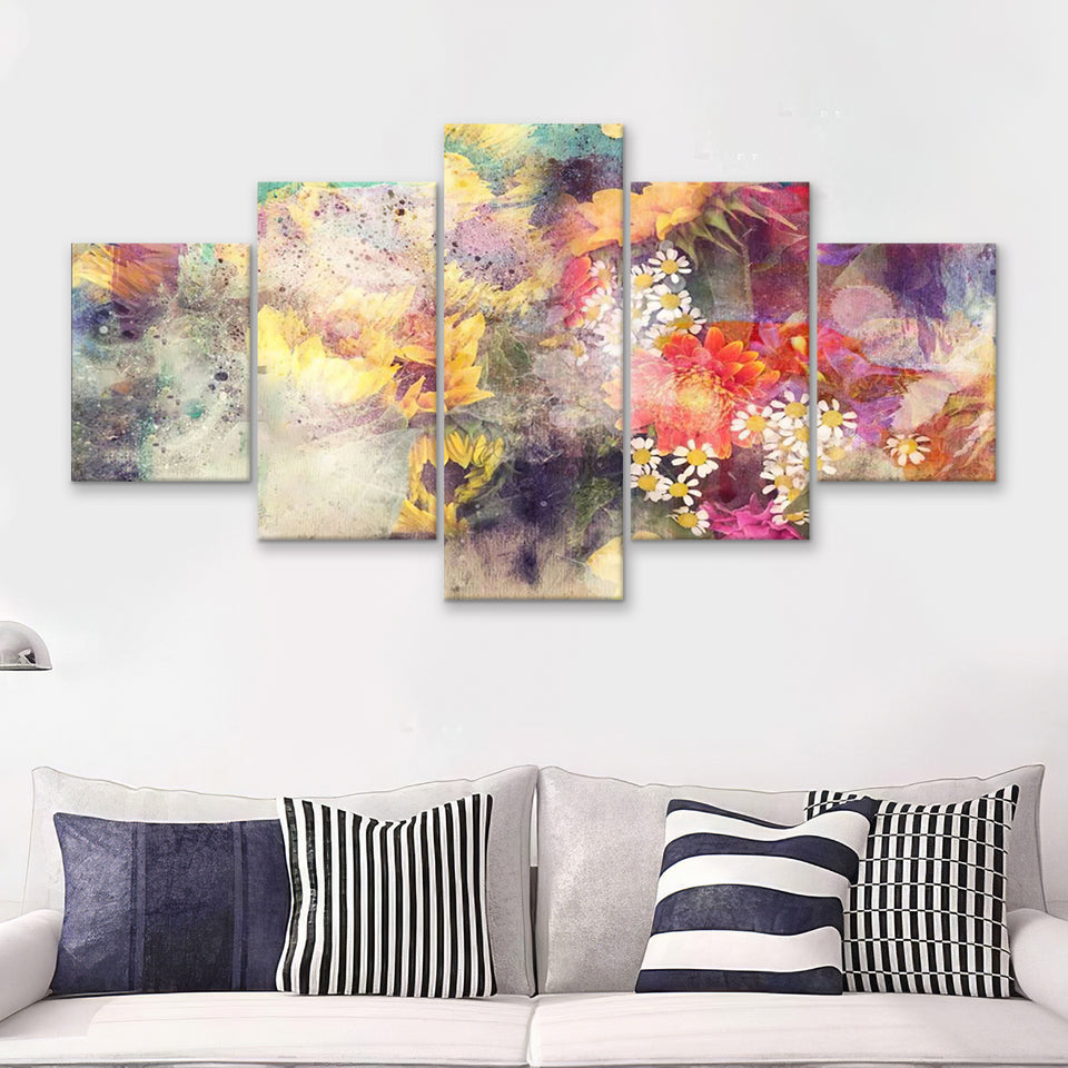 Watercolor Flower Painting Combined With Field 5 Pieces Canvas Prints Wall Art - Painting Canvas, Multi Panels, Wall Decor