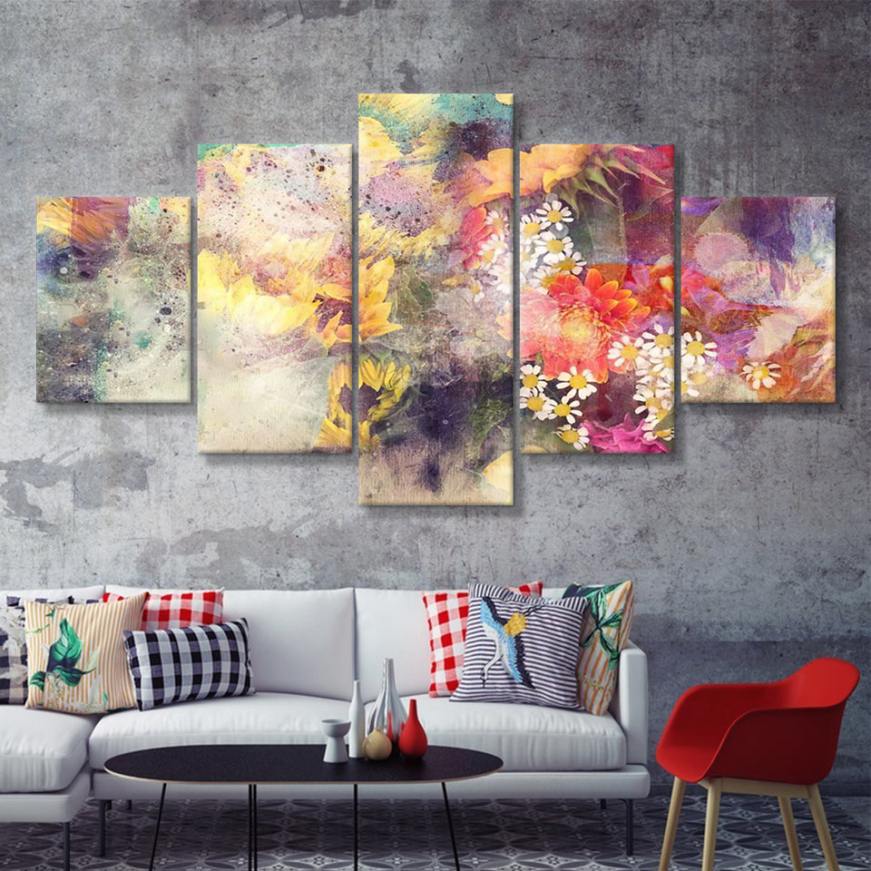Watercolor Flower Painting Combined With Field 5 Pieces Canvas Prints Wall Art - Painting Canvas, Multi Panels, Wall Decor