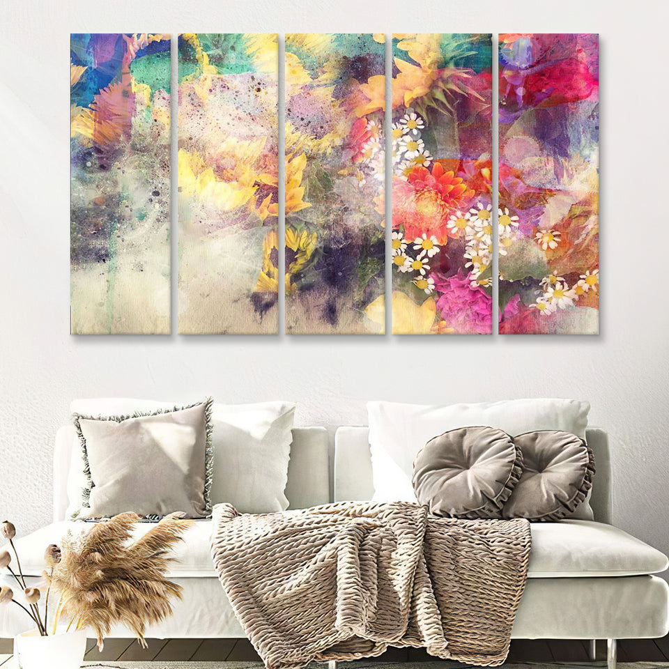 Watercolor Flower Painting Combined With Field 5 Pieces Canvas Prints Wall Art - Painting Canvas, Multi Panels, Wall Decor
