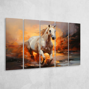 White Horse Running In The Sunrise V3 5 Panels B Canvas Prints Wall Art Home Decor, Extra Large Canvas