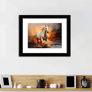 White Horse Running In The Sunrise V3 Framed Art Prints Wall Art Home Decor, Painting Art, White Border