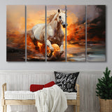 White Horse Running In The Sunrise V3 5 Panels B Canvas Prints Wall Art Home Decor, Extra Large Canvas