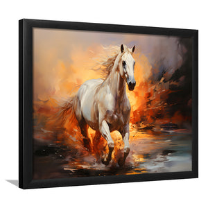 White Horse Running In The Sunrise V3 Framed Art Prints Wall Decor, Painting Art, Framed Picture