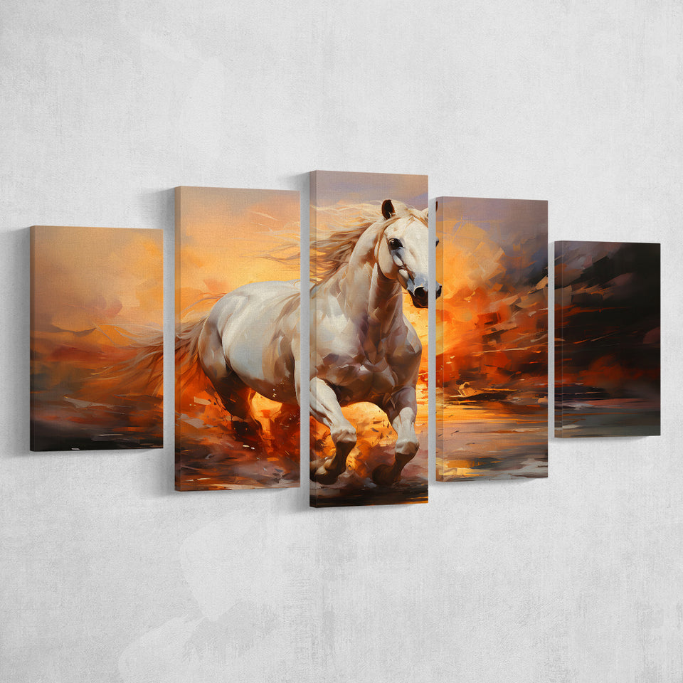 White Horse Running In The Sunrise V3 5 Panels Canvas Prints Wall Art Home Decor, Large Mixed Canvas