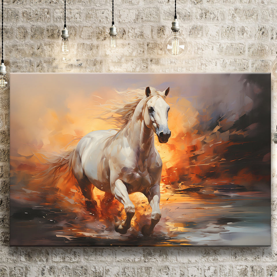 White Horse Running In The Sunrise V3 Canvas Prints Wall Art Home Decor, Painting Canvas, Living Room Wall Decor