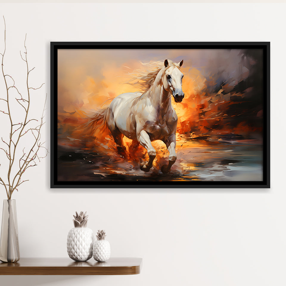 White Horse Running In The Sunrise V3 Framed Canvas Prints Wall Art Home Decor, Painting Canvas, Floating Frame