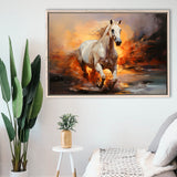White Horse Running In The Sunrise V3 Framed Canvas Prints Wall Art Home Decor, Painting Canvas, Floating Frame