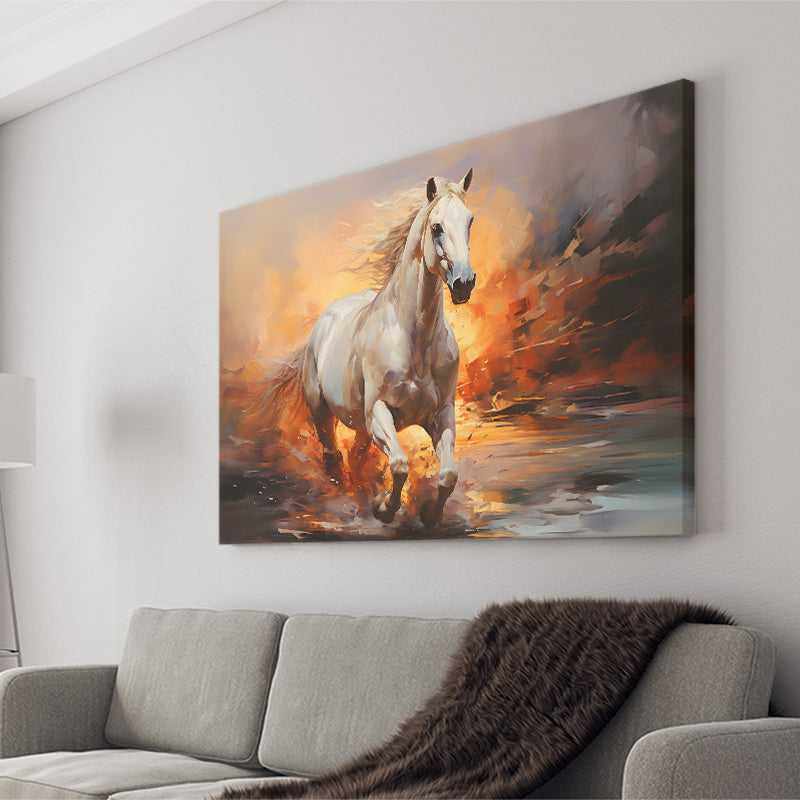 White Horse Running In The Sunrise V3 Canvas Prints Wall Art Home Decor, Painting Canvas, Living Room Wall Decor