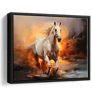 White Horse Running In The Sunrise V3 Framed Canvas Prints Wall Art Home Decor, Painting Canvas, Floating Frame