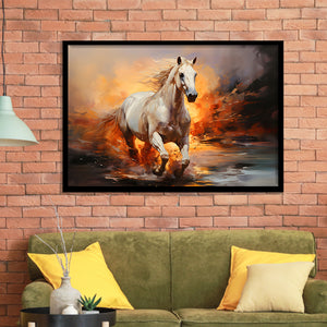 White Horse Running In The Sunrise V3 Framed Art Prints Wall Decor, Painting Art, Framed Picture