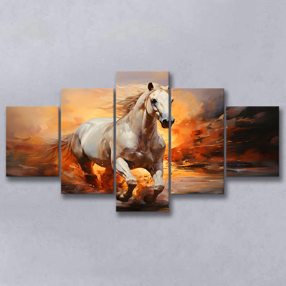 White Horse Running In The Sunrise V3 5 Panels Canvas Prints Wall Art Home Decor, Large Mixed Canvas