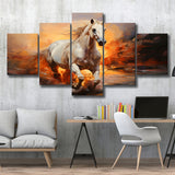 White Horse Running In The Sunrise V3 5 Panels Canvas Prints Wall Art Home Decor, Large Mixed Canvas
