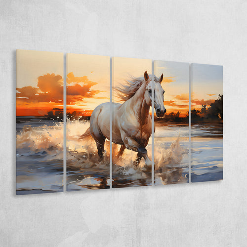 White Horse Walking In The Sunrise V2 5 Panels B Canvas Prints Wall Art Home Decor, Extra Large Canvas