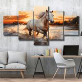 White Horse Walking In The Sunrise V2 5 Panels Canvas Prints Wall Art Home Decor, Large Mixed Canvas