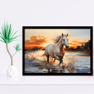 White Horse Walking In The Sunrise V2 Framed Art Prints Wall Decor, Painting Art, Framed Picture