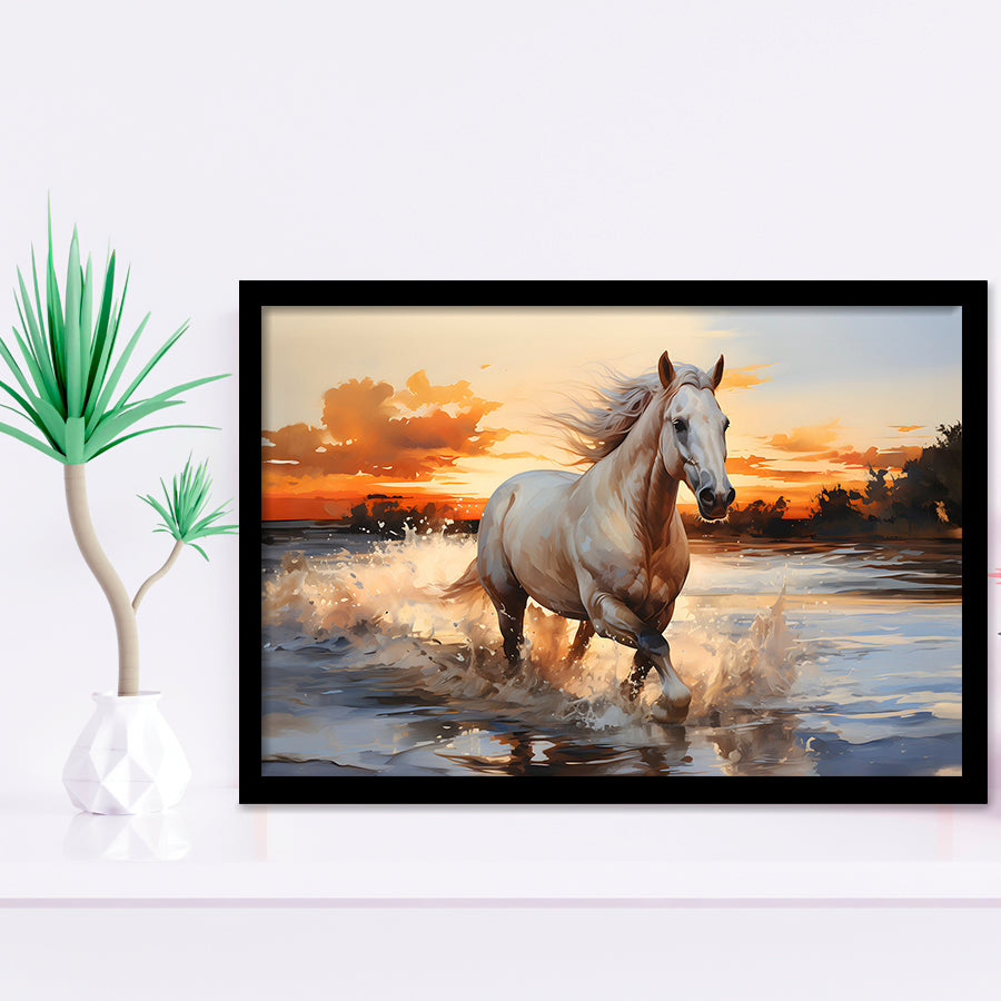 White Horse Walking In The Sunrise V2 Framed Art Prints Wall Decor, Painting Art, Framed Picture