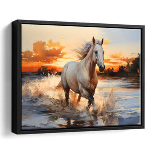 White Horse Walking In The Sunrise V2 Framed Canvas Prints Wall Art Home Decor, Painting Canvas, Floating Frame