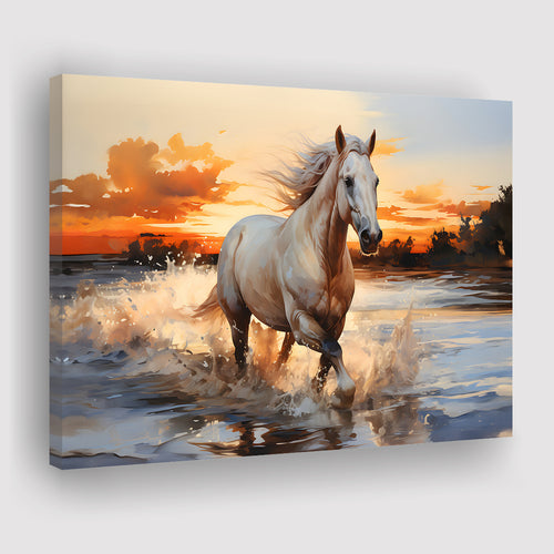 White Horse Walking In The Sunrise V2 Canvas Prints Wall Art Home Decor, Painting Canvas, Living Room Wall Decor