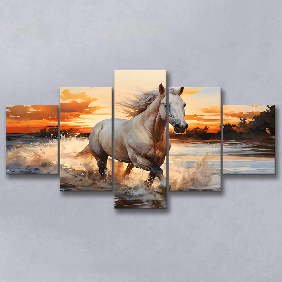 White Horse Walking In The Sunrise V2 5 Panels Canvas Prints Wall Art Home Decor, Large Mixed Canvas