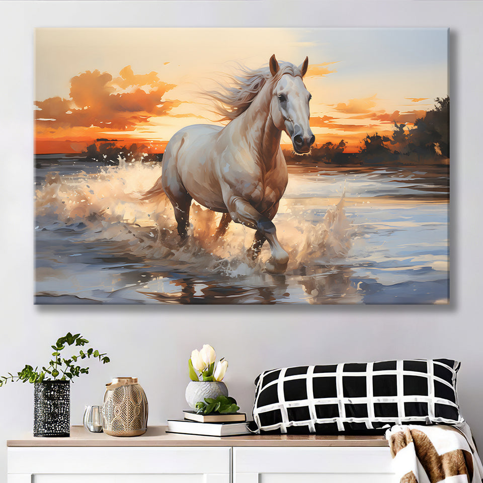 White Horse Walking In The Sunrise V2 Canvas Prints Wall Art Home Decor, Painting Canvas, Living Room Wall Decor