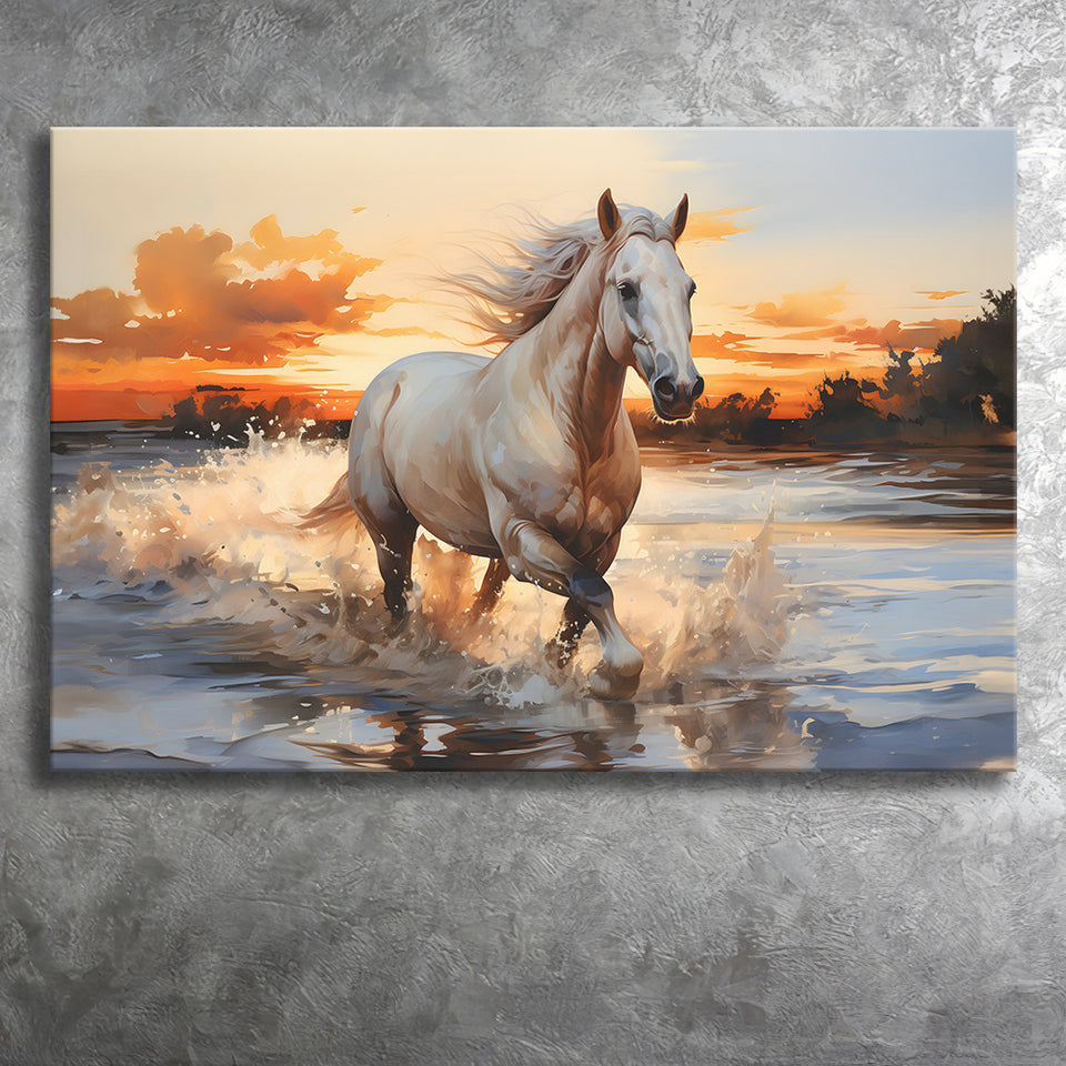 White Horse Walking In The Sunrise V2 Canvas Prints Wall Art Home Decor, Painting Canvas, Living Room Wall Decor