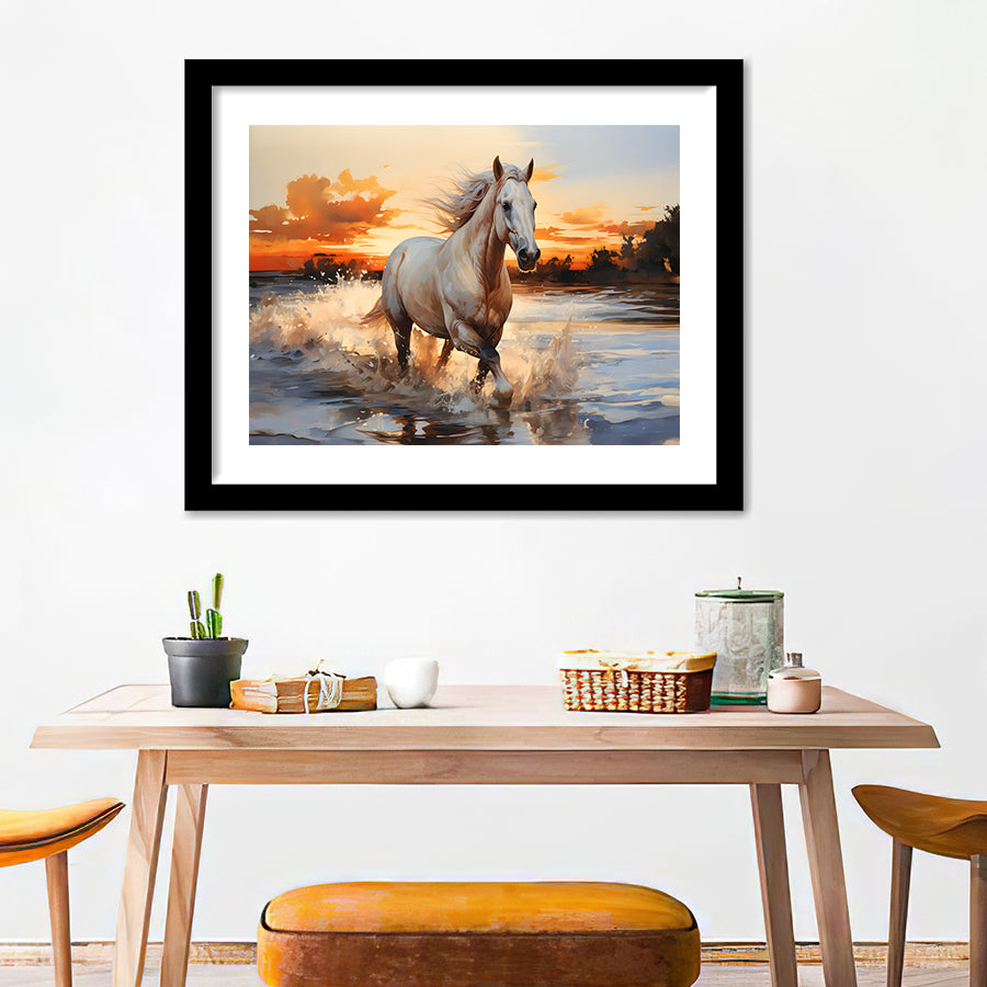 White Horse Walking In The Sunrise V2 Framed Art Prints Wall Art Home Decor, Painting Art, White Border