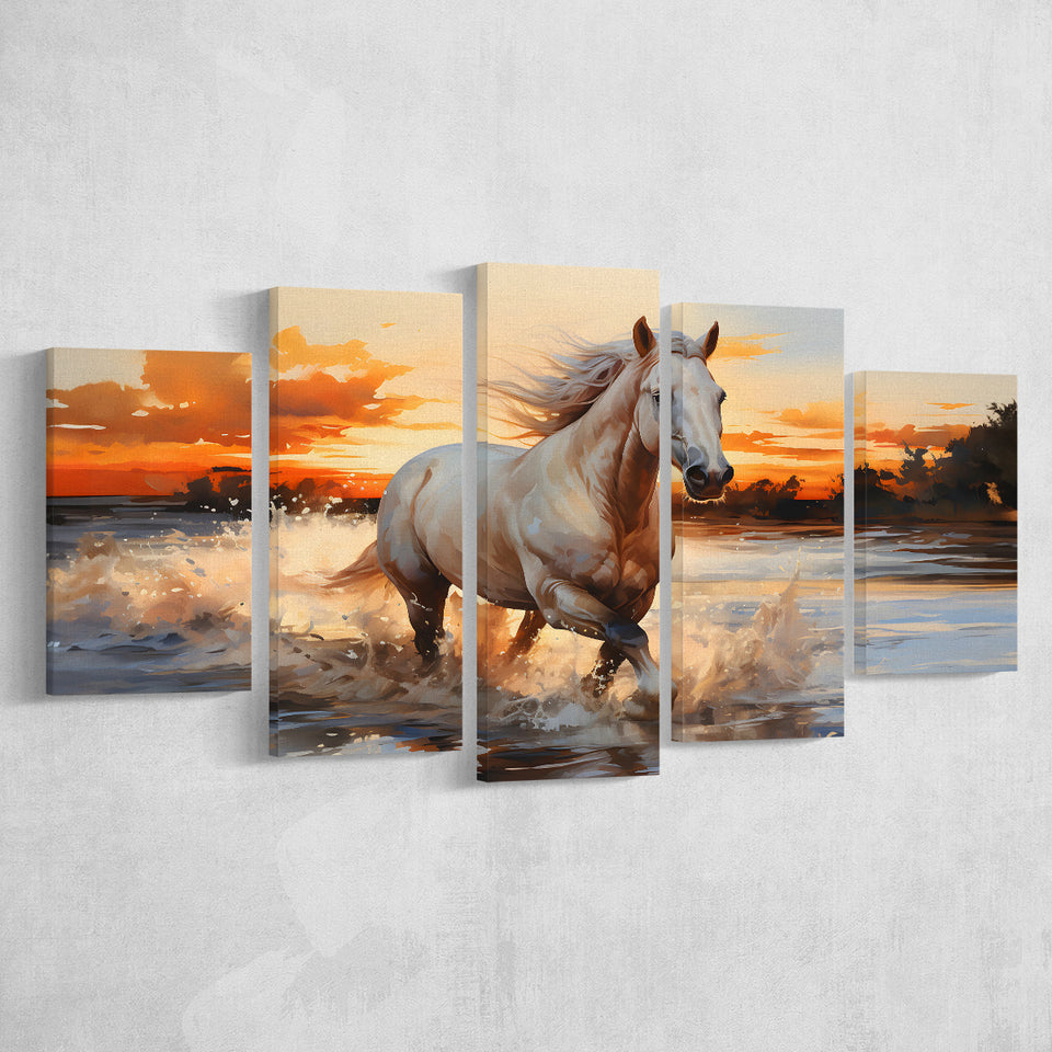 White Horse Walking In The Sunrise V2 5 Panels Canvas Prints Wall Art Home Decor, Large Mixed Canvas