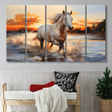 White Horse Walking In The Sunrise V2 5 Panels B Canvas Prints Wall Art Home Decor, Extra Large Canvas