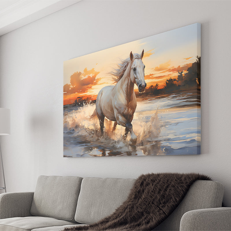 White Horse Walking In The Sunrise V2 Canvas Prints Wall Art Home Decor, Painting Canvas, Living Room Wall Decor